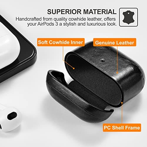 Case for AirPods 3 2021, ICARER Premium Genuine Leather Portable Shockproof Protective Case Cover for Apple AirPods 3 2021 Earphones Charging Case (LED Visible) Support Wireless Charger (Black) — view 2