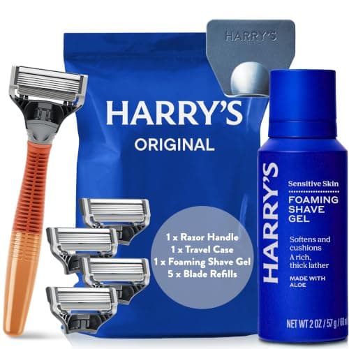 Harry’s Original Razors for Men, 5-Blade Razor Set – 1 Orange Handle, 5 Razor Blade Refills, 60ml Shave Gel, Travel Blade Cover