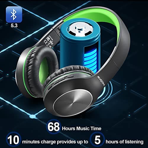 Rydohi Bluetooth Headphones Over Ear, 68H Playtime and 3 EQ Music Modes Wireless Headphones with Microphone/Deep Bass, HiFi Stereo Foldable Lightweight Headset for PC Home Travel Office (BLACK-GREEN) — view 2