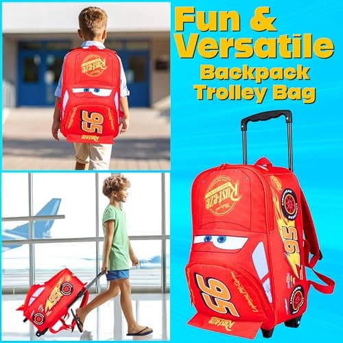 Disney Cars Backpack for Kids, 2-in-1 Lightning McQueen Trolley Bag for School & Travel, Compact Small Suitcase with Wheels (Red Lightning Mcqueen) — view 2