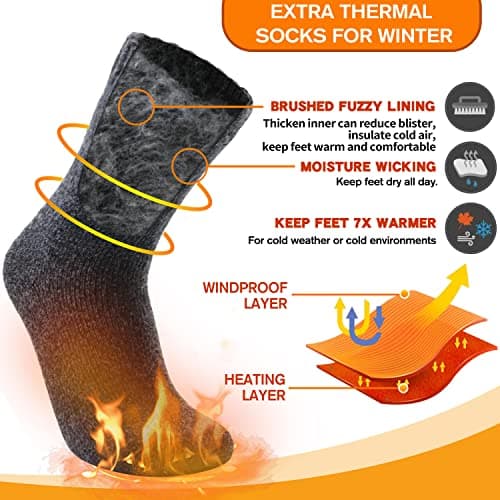 Welwoos Heated Thermal Socks for Women Winter Warm Ski Thick Boot Insulated Gift Socks Stocking Fillers for Women 3 Pairs (Grey & Black A,L) — view 3