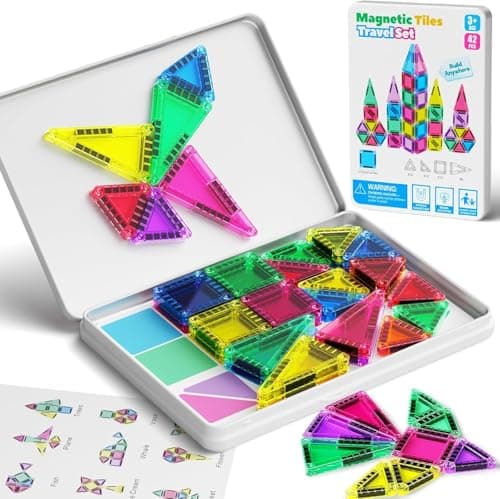 Magnetic Tiles Construction Set 42pcs Travel Toys for Kids Portable Travel MINI Magnetic Tiles Toy Magnet Toys On-The-Go Fun STEM Travel Set Montessori Toy Gift for 3+ Years Toddlers