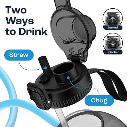 AQUAFIT 2 Litre Water Bottle with Straw - Water Bottles 2L with Time Marker - Half Gallon Big Bottle with Straw - Large Bottle For Gym - Grey, 2-in-1 Lid — view 3
