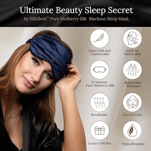 SILKSLEEK Eye Mask for Sleeping, 22 Momme Pure Mulberry Silk Sleep Mask Filled with 100% Pure Silk, Travel Essentials, Super Soft & Comfortable Blackout Eye Mask in Gift Box… (Navy Blue) — view 2