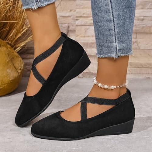 ziubauyke Women's Ballet Flats Closed Toe Crisscross Strap Wedge Shoes Comfy Summer Wide Fit Sole Stretchy Ankle Ballerina Ladies Comfy Dress Elegant Slip-On Pump Shoes Size 5 Black — view 3