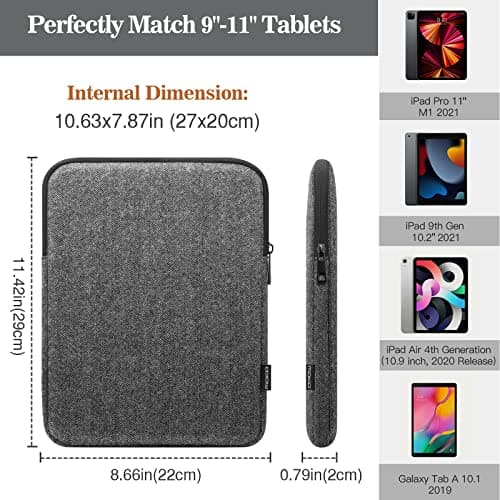 MoKo 9-11 Inch Tablet Case Made of Wool & Polyester, Protective Case Compatible with iPad Pro 11 2021/2020, iPad 9/8/7 10.2, iPad Air 4 10.9, Galaxy S8 11, Polyester Carry Bag, Black + Grey — view 2