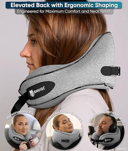 SNUGL Travel Pillow – Memory Foam Neck Pillow for Travel – Support Cushion for Airplane with Carry Bag & Clip - Holiday Essentials (Grey - Adult Small) — view 4