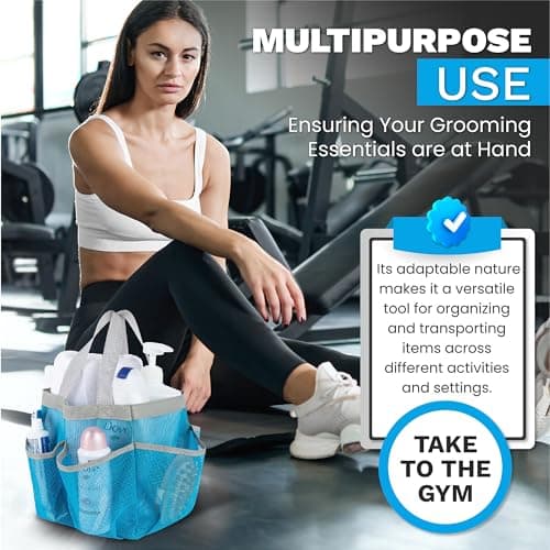 Handy Laundry Mesh Shower Caddy - 7 Pocket Portable Bathroom Organizer Tote for Travel, Gym & Dorm - Collapsible Small Shower Caddy Bag to Hold Toiletries & Essentials (Blue) — view 6