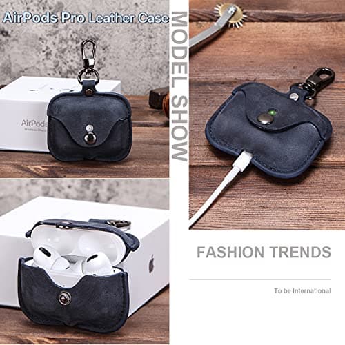 Hiram Genuine Crazy Horse Leather Earphone Case Compatible with AirPods Pro, Durable and soft leather headphone earbuds travel case with Key Chain — view 5