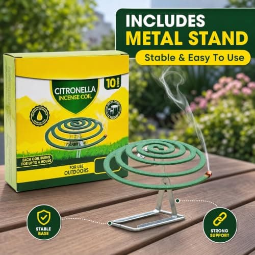 ANGIX 10 x Citronella Incense Coils with Stand - Each Coil Burns Up to 6 Hours Long Lasting Outdoor Insect & Mosquito Repellent Spirals for Garden Camping BBQ Patios & Porches — view 4