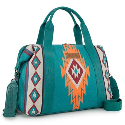 Wrangler Duffel Bag for Women Travel Weekender Bag Designer Carry On Bags, Canvas Cotton-Aztec Turquoise, 18.2" x 6.8" x 16.2"