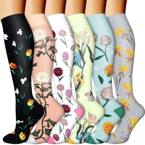 Compression Socks for Women Flying Long Haul 15-20 mmHg 6 Pack Compression Stockings Long Support Travel Flight Socks Over the Knee Length Pressure Stockings for Running Nursing Athletic
