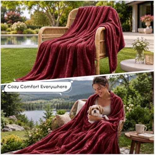 MOONLIGHT20015 Fleece Blanket Burgundy Throws for Sofas Single - 400 GSM Fluffy Blankets for Bed Couch and Travel - Silk Touch Warm Soft Cosy Throw for Adults Kids Fit All Season, 130x150 cm — view 5