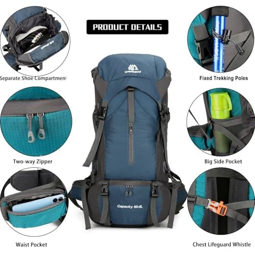 Ezmina 70L Hiking Backpack with Rain Cover Lightweight Camping Rucksack for Men Women Large Trekking Bag Waterproof Travel Backpacking Hiker Daypack for Touring Climbing Outdoor Sport Mountaineering — view 3