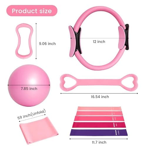 Home Pilates Essentials Kit for Women, with 5 Resistance Bands - Pink Magic Circle Pilates Kit for Home Toning, Includes Yoga Ball, Stretch Strap & Gym Bag (13-Piece Complete Starter Set) (Pink) — view 3