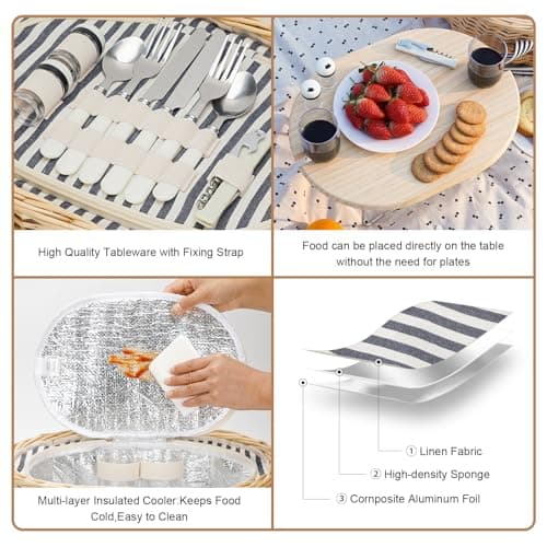 STBoo Picnic Basket for 2, Wicker Basket Set with Table and Cutlery(Stripe) — view 5