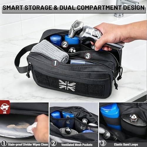 Mens Toiletry Bags, Travel Wash Bag for Men, Small Tactical Washbag with Dual Compartments & Waterproof Wet Pocket, Boys Toiletry Bag with Molle Design & UK Patch — view 3