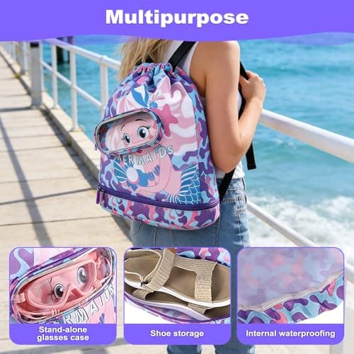 TOUKBEAU Mermaid Drawstring Bag with Swim Cap for Girls, Kids Storage Organizer for Toys & Travel, Multipurpose Beach Pool Bag with UPF50 Swimming Hat for Toddler Age 3-12 Years — view 3