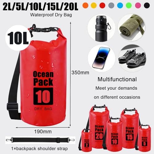 RONGZUBAT 10L Waterproof Dry Bag with Shoulder Strap, Roll Top Dry Sack for Towels and Clothes, Waterproof Bag for Kayaking, Paddle Boarding, Boating, Beach, Camping and Travel - Red — view 2