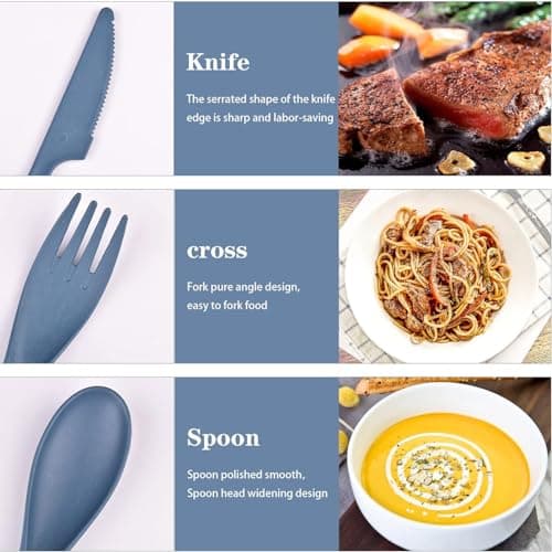 2 Sets Reusable Cutlery Set with Case, Travel Fork Knife Spoon Set, Portable Plastic Cutlery Set for Picnic School Office Lunch (Green,Blue) — view 4
