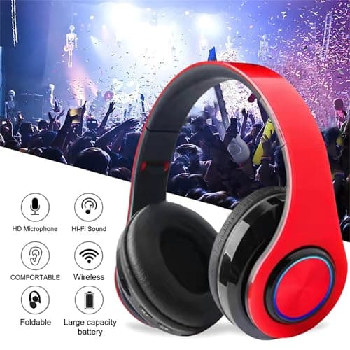 ZZOSRDR Bluetooth Headphones Over Ear, Foldable Lightweight Wireless Headset, Wireless Headphones with Built-in Mic, FM, SD/TF for Online Class, Office, PC, Phone (Red) — view 6
