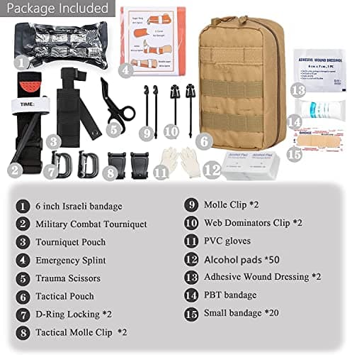 Emergency Survival Kits, Tactical Military Trauma First Aid Kit, Molle EMT IFAK Pouch Outdoor Gear Tourniquet Bandage Bleeding Control Kit for Camping Hiking Hunting Travel Car Adventures (Brown) — view 2