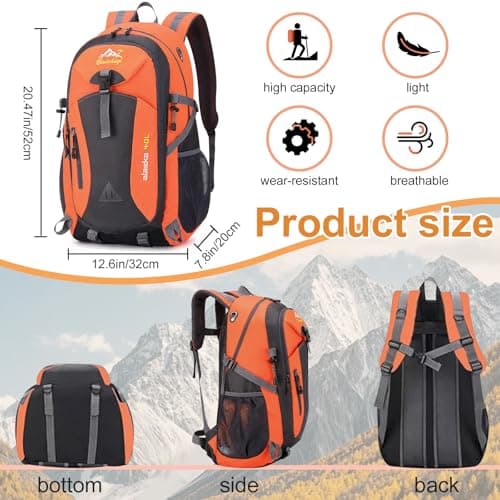 Auirshiky 40L Hiking Backpack Walking Rucksack Water Resistant Hiking Daypack Packable Travel Outdoor Sport Knapsack Durable Water Resistant for Camping Cycling Climbing Walking Mountaineer (Orange) — view 2