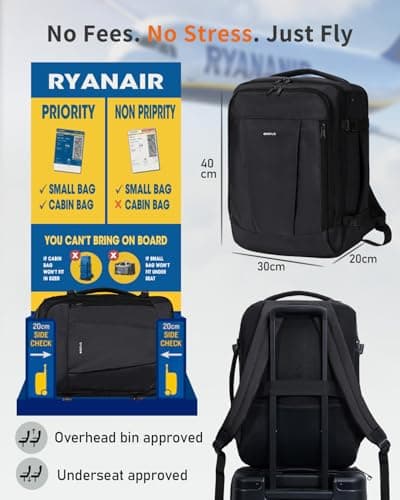 ECOHUB Ryanair Cabin Bags 40x30x20, Underseat Travel Bag with 9 Pockets, Recycled PET Eco Friendly Hand Luggage Backpack, Lightweight Rucksack for Women & Men, Carry on Bag with USB Port, 20L, Black — view 2