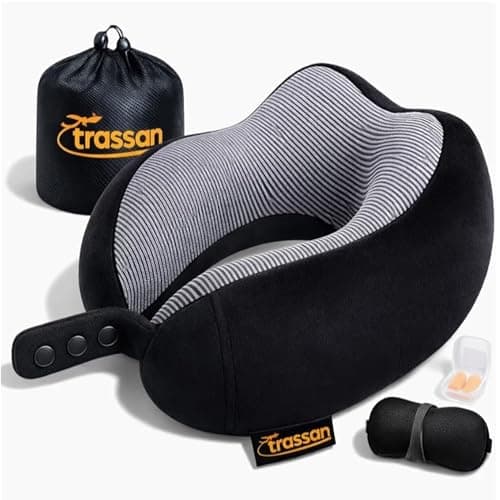 Travel Pillow for Airplane – Memory Foam Neck Pillow for Travel, Ergonomic Adjustable Flight Pillow for Adults, Compact Neck Cushion with Eye Mask, Ear Plugs & Carry Bag (Black)
