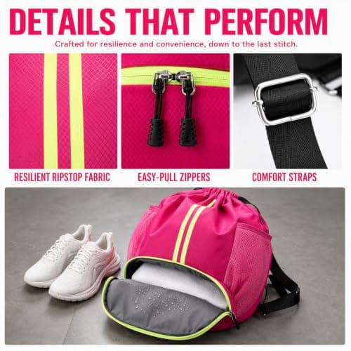 KIPTVO Waterproof Drawstring Backpack with Separate Shoe Compartment, Large Capacity Wet Dry Pockets Lightweight Sports Gym Swim Bag Unisex for Men Women Travel Beach Workout — view 5