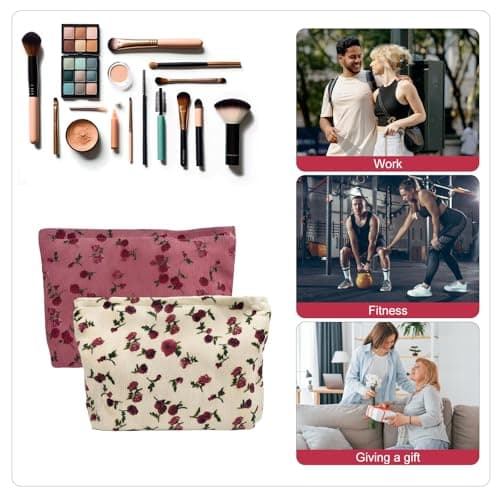Travel Makeup Bag, 2Pcs Rose Flower Printing Corduroy Toiletry Bag, Large Capacity Floral Toiletry Bags Floral Makeup Bags for Ladies and Girls(Red/Beige) — view 6
