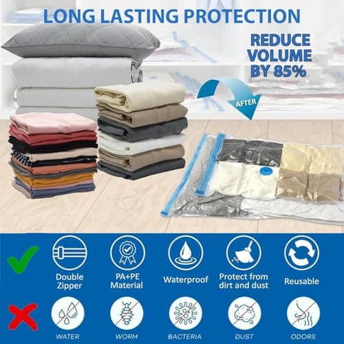 Vacuum Storage Bags Pack of 6 (2 Medium, 2 Large, 2 Jumbo) - Space-Saving Compression Bags with Airtight Seal - Reusable Zipper Bags for Clothes, Duvets, Bedding - Compatible with Vacuum Cleaner — view 2