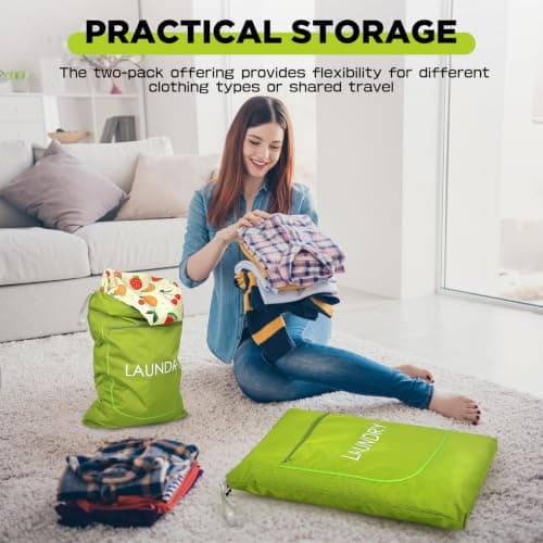 2 Packs Laundry Bags, Foldable Dirty Clothes Travel Laundry bag with Zipper, Washable Wet & Dry Organizer for Gym, Swimming, Yoga, Workout & Swimsuits（Neon Green（ Small+ Large）) — view 6