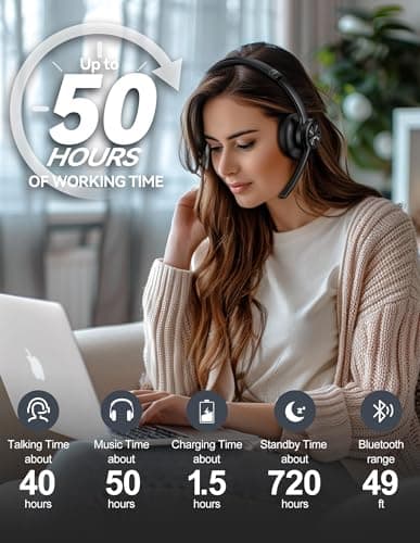 TECKNET Bluetooth Headset Wireless Headset with Microphone Noise Canceling, 50H Playtime & Mute, Wireless Headphones with Mic Bluetooth 5.2 On-Ear Headphones for Trucker Cellphone Office Call Center — view 6