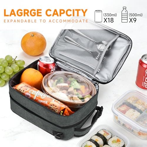 Kato Tirrinia Expandable Insulated Lunch Bag, 10L Lunch Cooler Bag with Shoulder Strap for Men and Women, Leakproof Lunch Box Bag, Suitable for Work School Travel Picnic Camping Beach, Charcoal — view 3