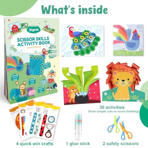 JoyCat Paper Cutting Kits for Kids Ages 3-5, Animal World Scissor Skills Activity Book with 2 Safety Scissors, 30 Activity Sheets, 4 Quick Win Crafts, Glue Stick, Preschool Animal Craft Set for Kids — view 2