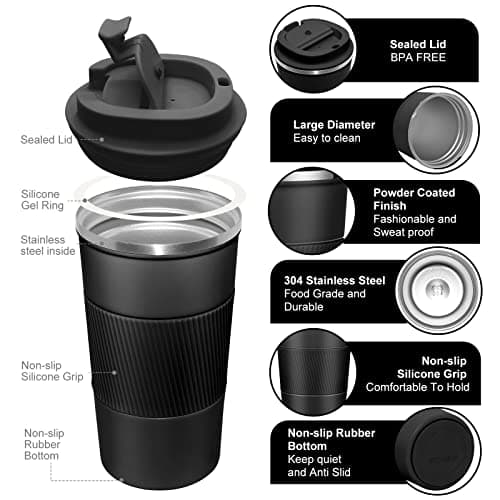 Travel Mug with Leakproof Lid,Insulated Reusable Coffee Mug for Hot&Cold Drinks/Tea,Portable Stainless Steel Thermal Takeaway Travel Coffee Cup for Car/Outdoor/Picnic/Office/School (510ml Black)11 — view 3