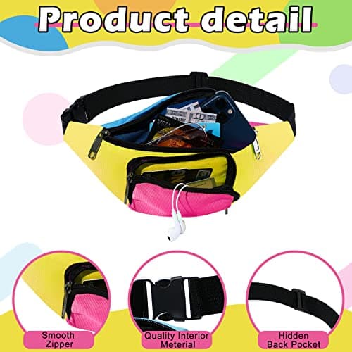 Xuniea 80s 90s Neon Fanny Pack, 2 Pockets Waist Bag, Yellow Bottom — view 2