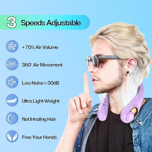 Neck Fan, Portable Bladeless Neck Fans with LED Display, 360° Airflow, 4000mAh Rechargeable Battery, Super Quiet Hands-Free Personal Wearable Fan for Indoor Outdoor, Pastel Purple — view 3