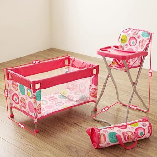 BiBi Doll Travel High Chair & Cot Bed Set with Carry Bag, Feeding Tray & Bedding - Folding Nursery Furniture for Dolls up to 20" - Pink Patterned Baby Doll Accessories for Girls & Boys Aged 3+ — view 3