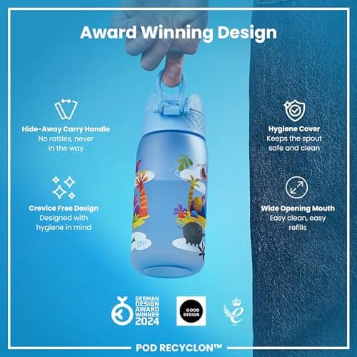 Ion8 Kids Water Bottles, 350ml/12oz, BPA Free, Leakproof, Dishwasher Safe, Easy Open, Secure Lock, Small Boys & Girls Water Bottle,Kids Drinks Bottle for Spill-free Drinking, Blue, Safari — view 6