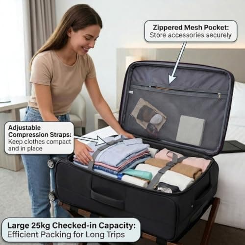 DK Luggage Ultra Lightweight Only 3.3kg Large 28 Inch Soft Shell Suitcase, 4 Wheel Spinner Checked Luggage 23kg–27kg Capacity, Expandable Travel Case (WLS Black, Large) — view 6