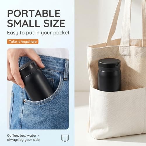 Mini Insulated Stainless Steel Water Bottle, 200ml Leak Proof Travel Tumbler for Coffee Tea Hot and Cold Beverage,Portable Pocket Flask for Adult and Kid Home School Office Camping(Black) — view 3