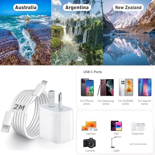 Australia Travel Adapter Charger - Australia Wall Adaptor with USB C Cable 2m | Universal Power Charging Plug for IPhone IPAD Samsung Google | Travel Essentials for New Zealand/Australia/Argentina — view 2