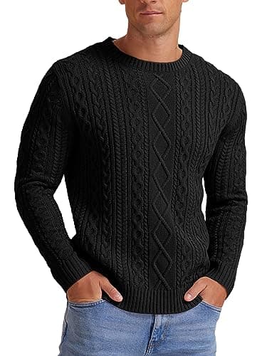 Hisir Men's Cable Knit Jumper, Thick Warm Crew Neck Winter, Black, M
