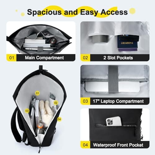 Reiseresa Laptop Backpack Waterproof Roll Top Backpack for Men and Women, 17 Inch Laptop Bagpack for School, Travel, Work and Business (XL, Black) — view 3