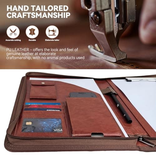 GUYUCOM A4 Portfolio Folder – PU Leather Document Organizer with Zipper, for Conference & Travel, Personal Agenda Wallet,Gift for Men and Women – Brown — view 4