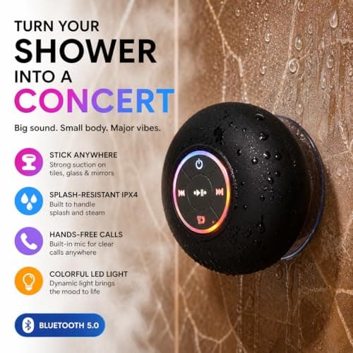 Bluetooth Shower Speaker with LED, Portable Wireless Mini Speaker (Black) — view 2