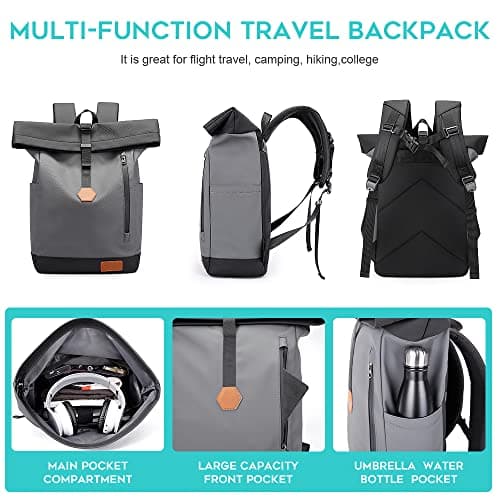 BANGE carry on Backpack roll top Laptop Backpack Waterproof for Men and Women travel Backpack Cabin Size for Airplanes(gray) — view 6