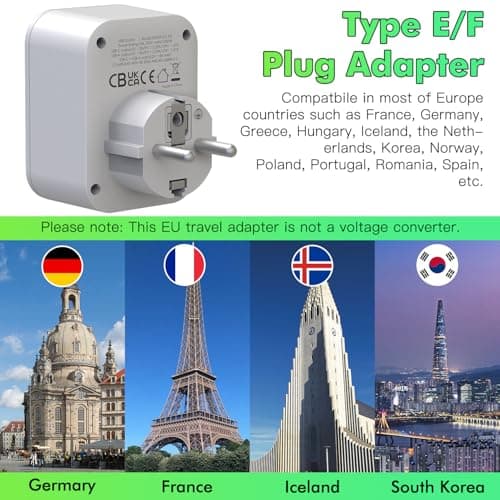 AUNNO UK to European Plug Adapter, PD 20W Fast Charging Grounded European Adapter with Shaver Plug, Adapter with 2 USB Ports and 1 USB-C Port for Germany France Spain Greece Poland etc (Type E/F) — view 2